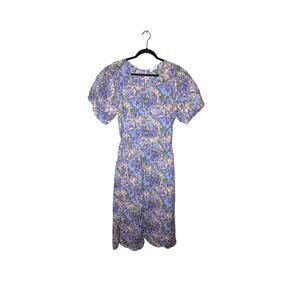 ANNIEWEAR CottageCore Boho Blue Lavender Floral Tiered Puff Sleeves Dress